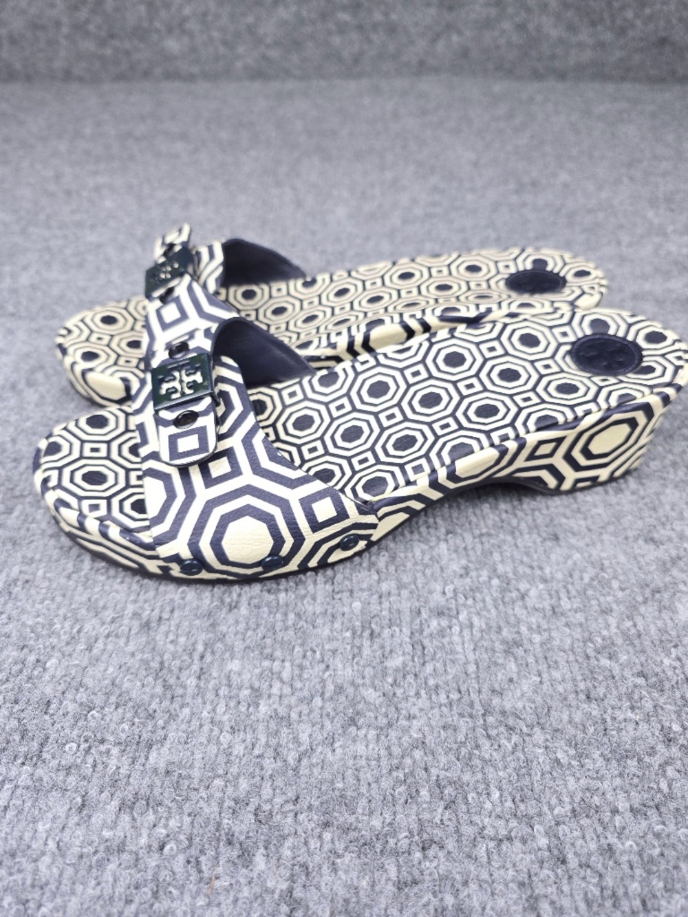 Tory Burch Noah Navy Blue Geometric Leather Slide Sandals Size 9